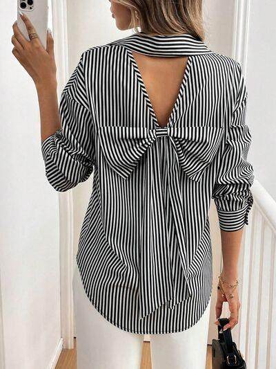 Cutout Bow Back Striped Collared Neck Long Sleeve Shirt - Selvanelle