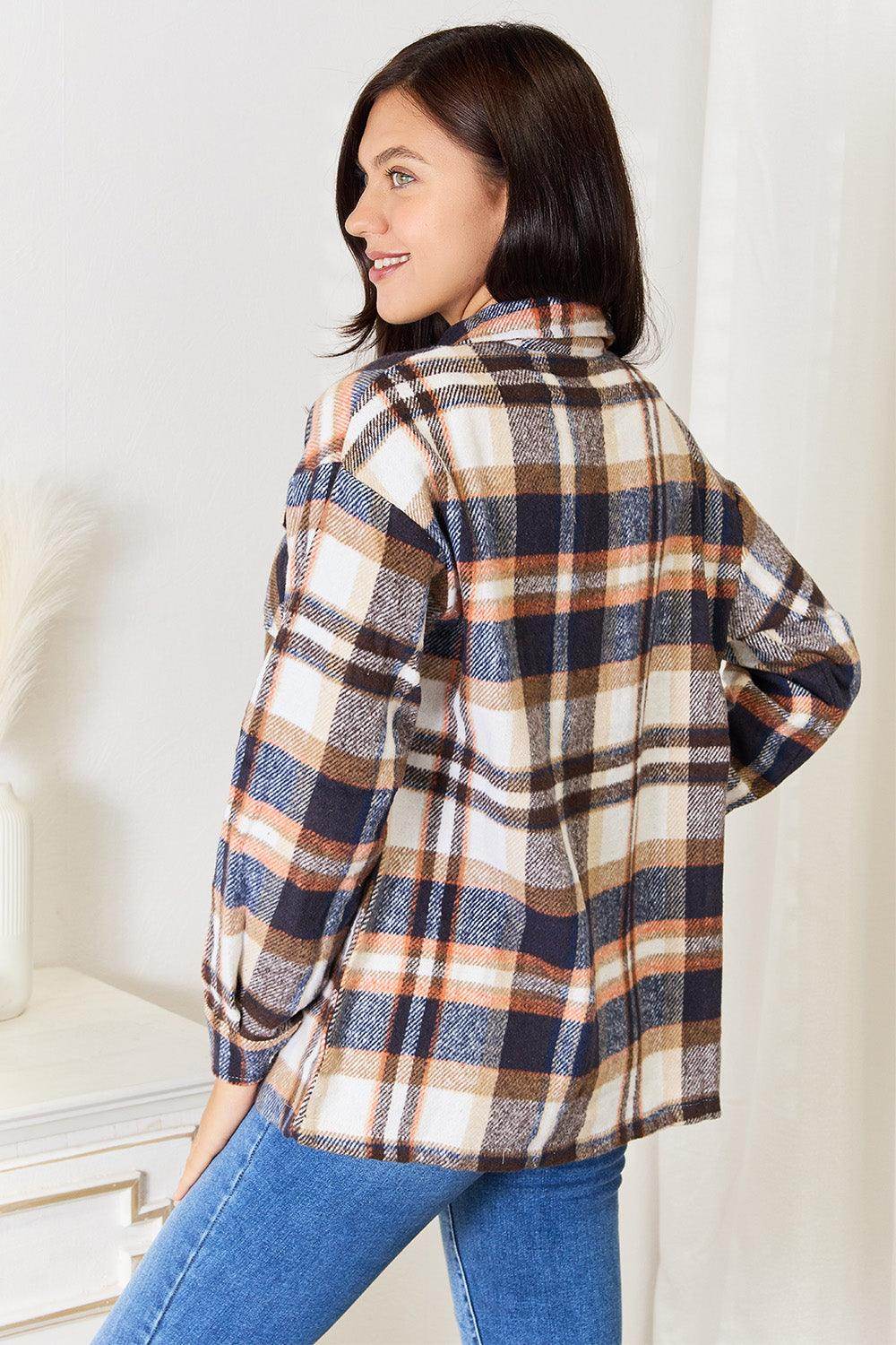 Double Take Plaid Button Front Shirt Jacket with Breast Pockets - Selvanelle