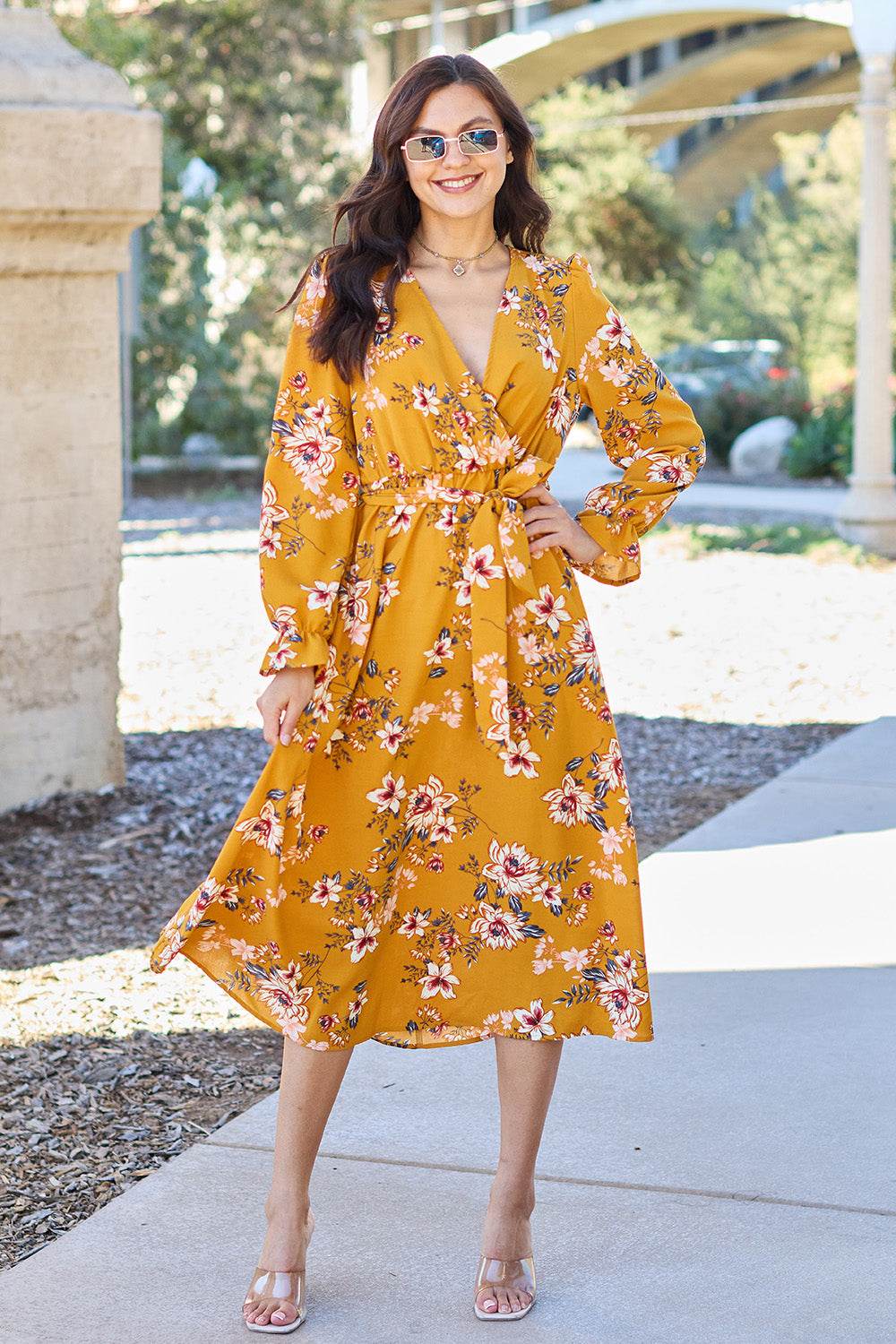 Double Take Full Size Floral Tie Back Flounce Sleeve Dress - Selvanelle