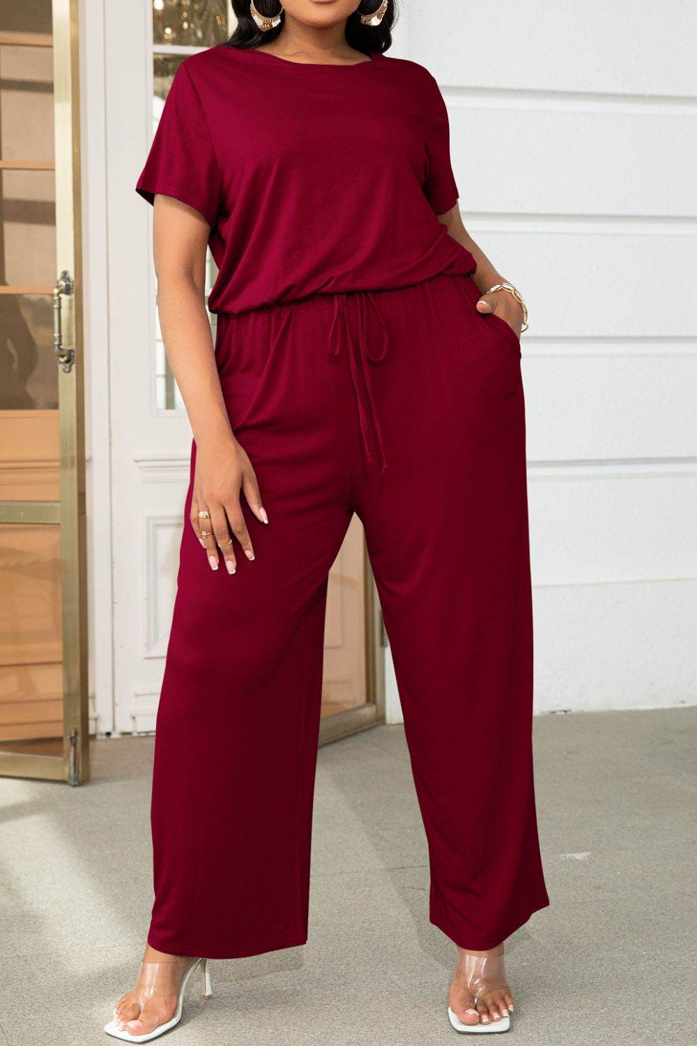 Plus Size Drawstring Waist Short Sleeve Jumpsuit - Selvanelle