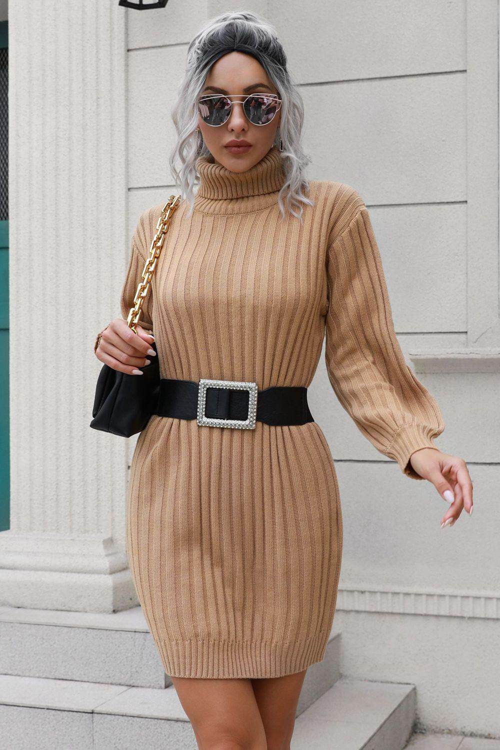 Ribbed Turtle Neck Long Sleeve Mini Sweater Dress for Women - Selvanelle