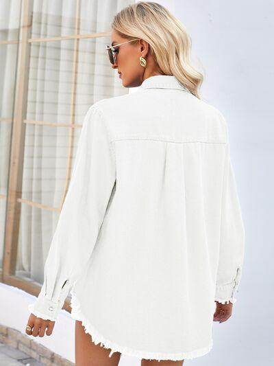 Raw Hem Button Up Long Sleeve Denim Jacket with Sequin Pockets - Selvanelle