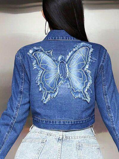 Butterfly Patch Long Sleeve Cropped Denim Top For Women - Selvanelle