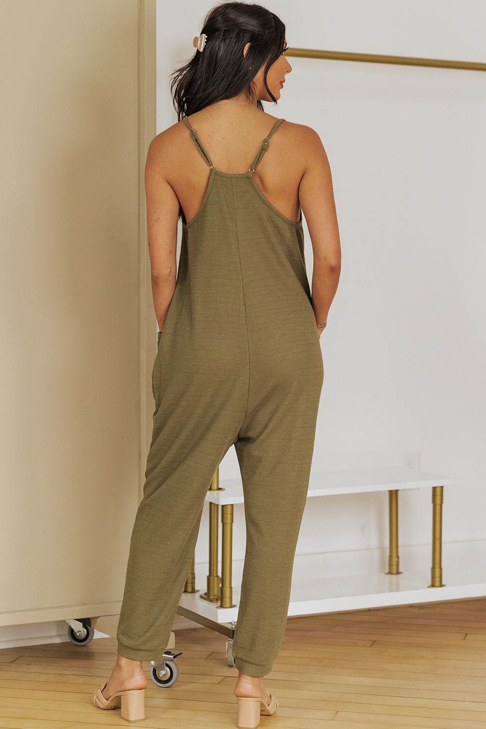 Spaghetti Strap Deep V Jumpsuit with Pockets - Selvanelle