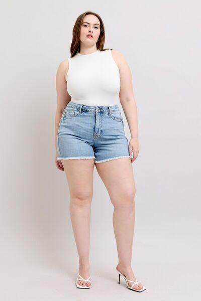 Judy Blue Full Size Tummy Control Raw Hem Denim Shorts Plus Size - Selvanelle
