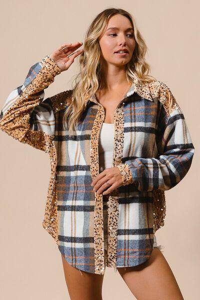 BiBi Curved Hem Sequin Plaid Button Up Shacket Chic Style - Selvanelle