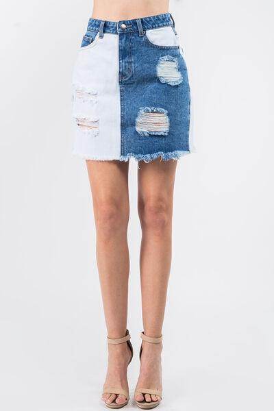 American Bazi Contrast Patched Frayed Denim Distressed Skirts - Selvanelle