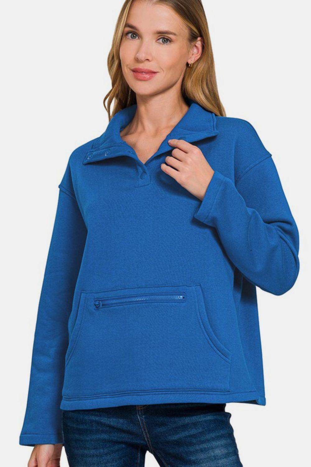 Zenana Turtleneck Half Snap Fleece Sweatshirt for Women - Selvanelle