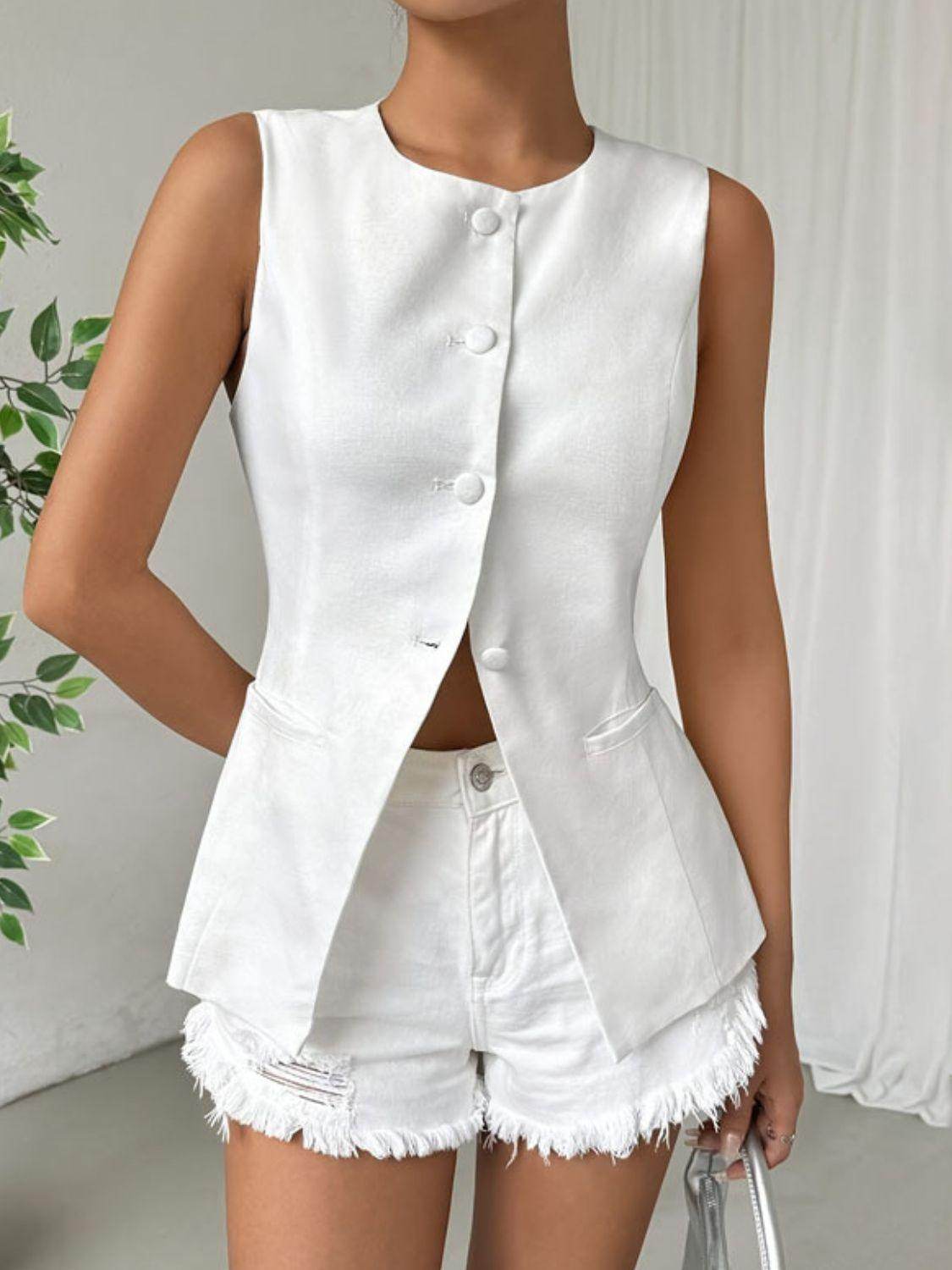 Button Down Round Neck Vest for Women in Sheer Style - Selvanelle