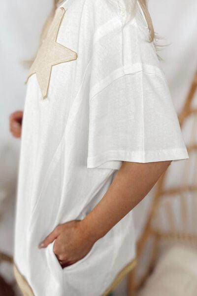 Star Patched Round Neck Half Sleeve T-Shirt for Women - Selvanelle