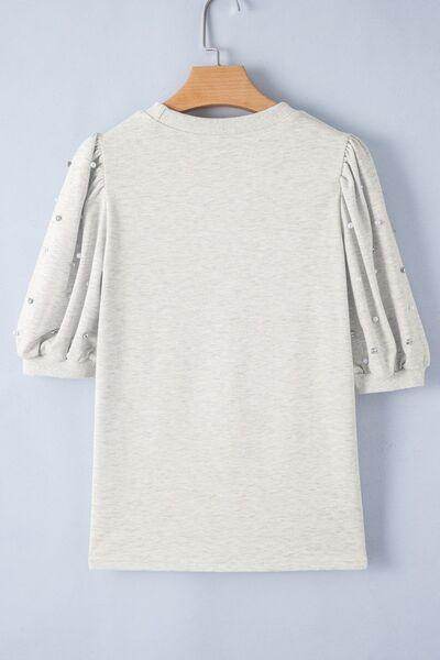 Rhinestone Pearl Detail Round Neck Puff Sleeve Top Women - Selvanelle
