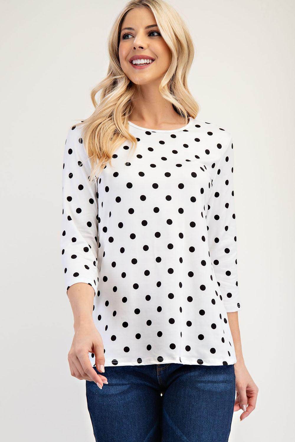 Celeste Full Size Polka Dot Three-Quarter Sleeve T-Shirt - Selvanelle