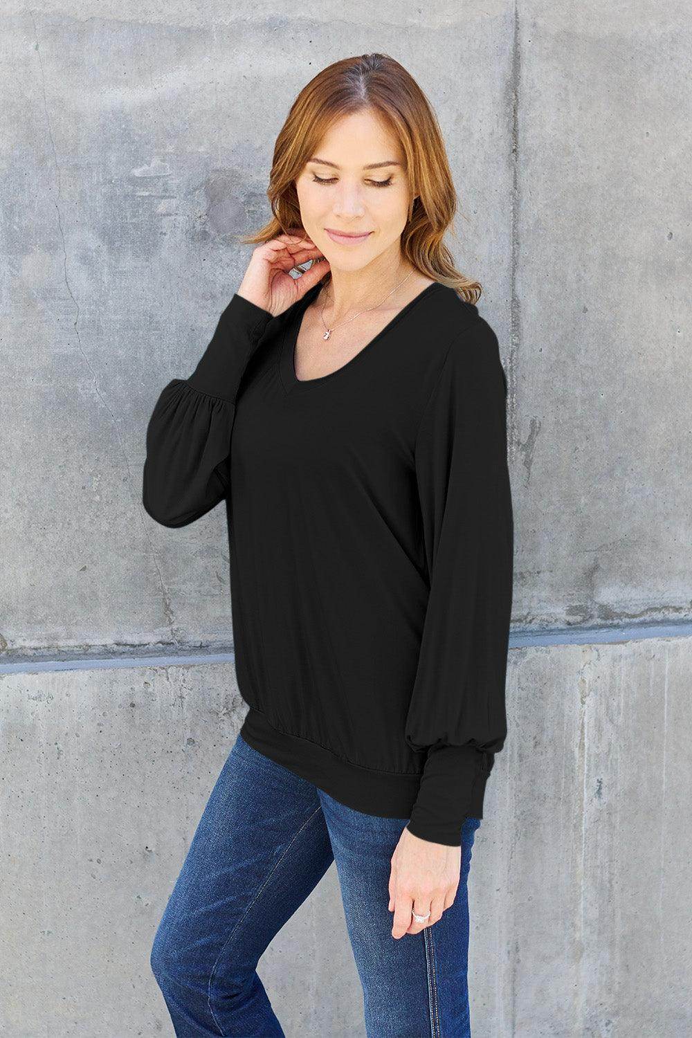 Basic Bae Full Size V-Neck Lantern Sleeve Top for Women - Selvanelle