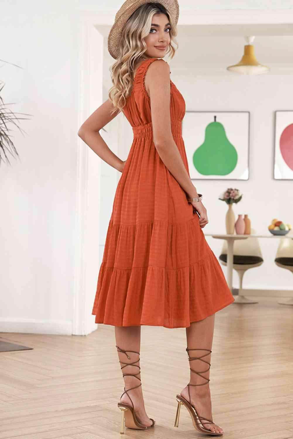 Smocked Waist Sleeveless Tiered Dress with Pockets Midi - Selvanelle