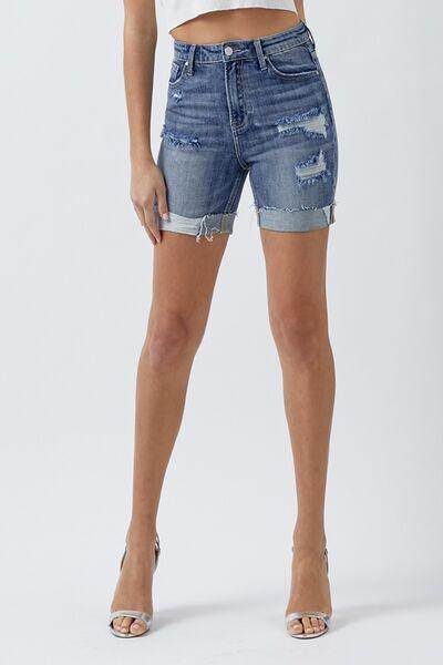 RISEN Full Size Distressed Rolled Denim Shorts with Pockets - Selvanelle