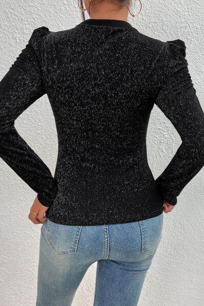 Metallic Round Neck Puff Sleeve Blouse for Stylish Elegance - Selvanelle