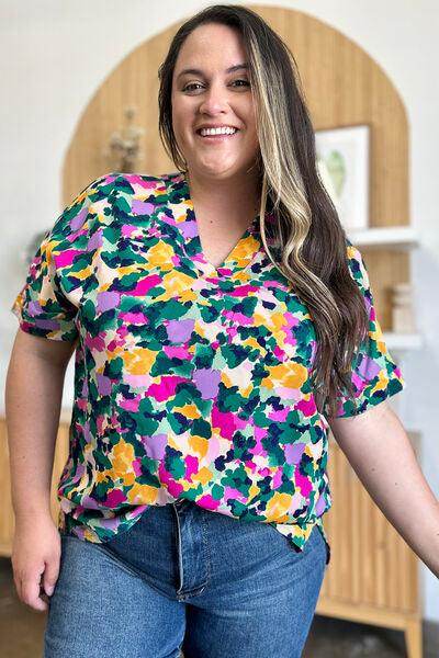 Double Take Full Size Printed V-Neck Short Sleeve Top - Selvanelle