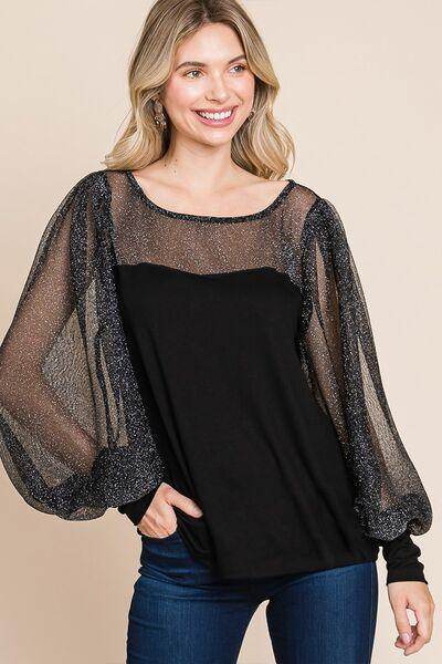 Super Lady Full Size Metallic Mesh Lantern Sleeve Blouse - Selvanelle