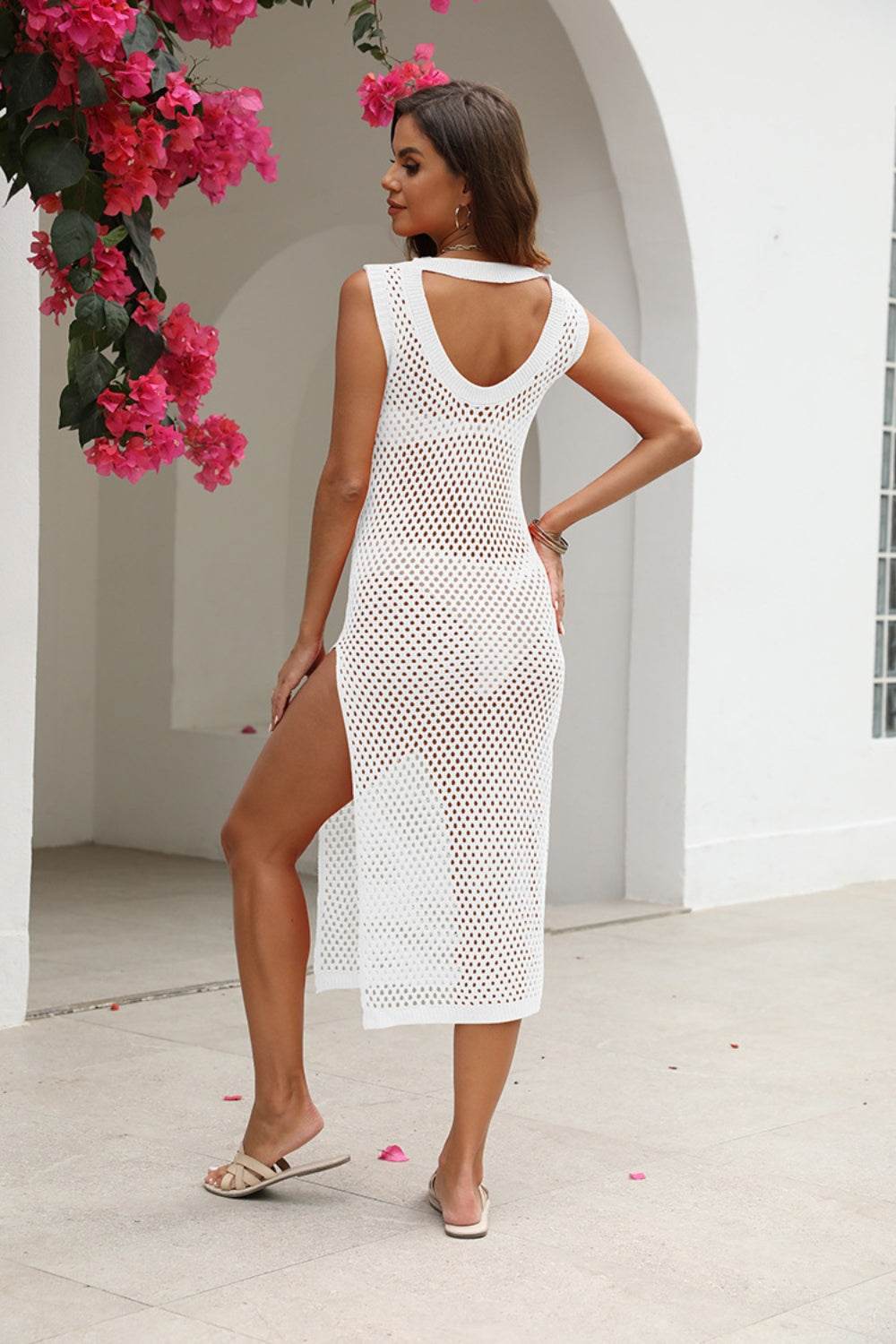 Cutout Openwork Round Neck Sleeveless Cover-Up - Selvanelle
