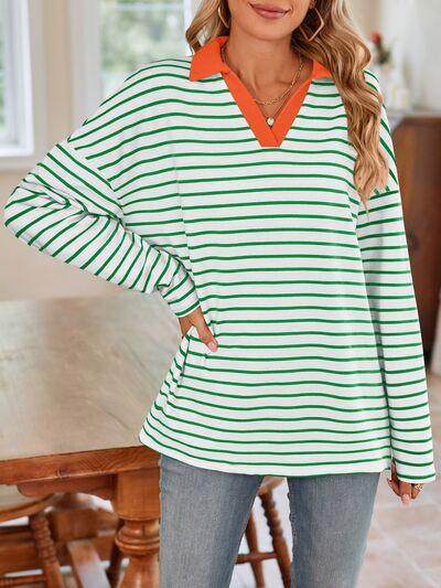 Lovelet Striped Johnny Collar Long Sleeve T-Shirt for Women - Selvanelle