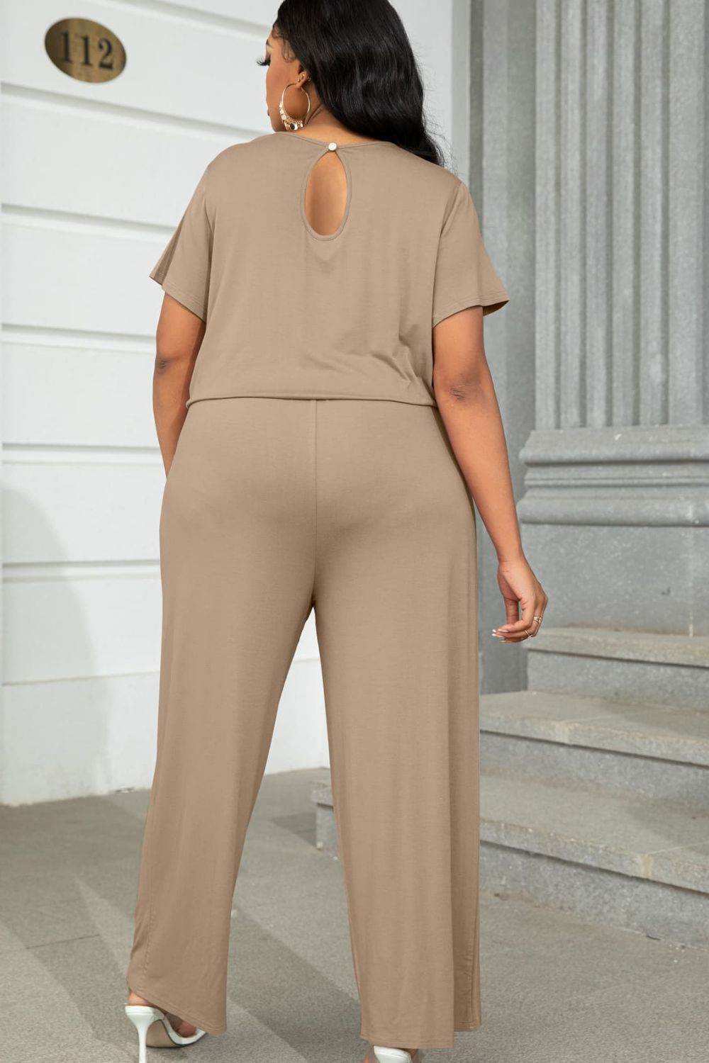 Plus Size Drawstring Waist Short Sleeve Jumpsuit - Selvanelle