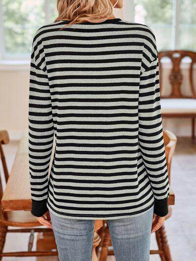 Lovelet Striped Round Neck Long Sleeve T-Shirt for Women - Selvanelle