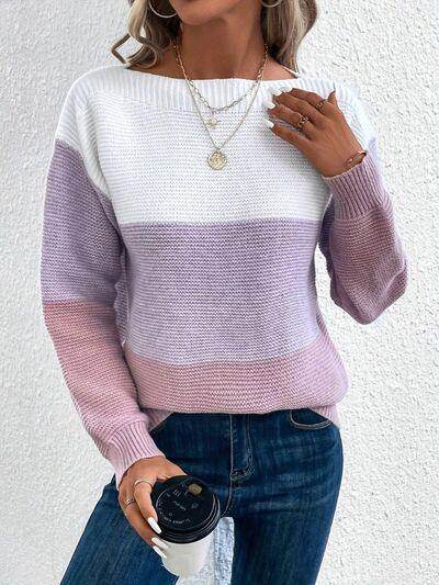 Color Block Boat Neck Sweater for Stylish Layering - Selvanelle