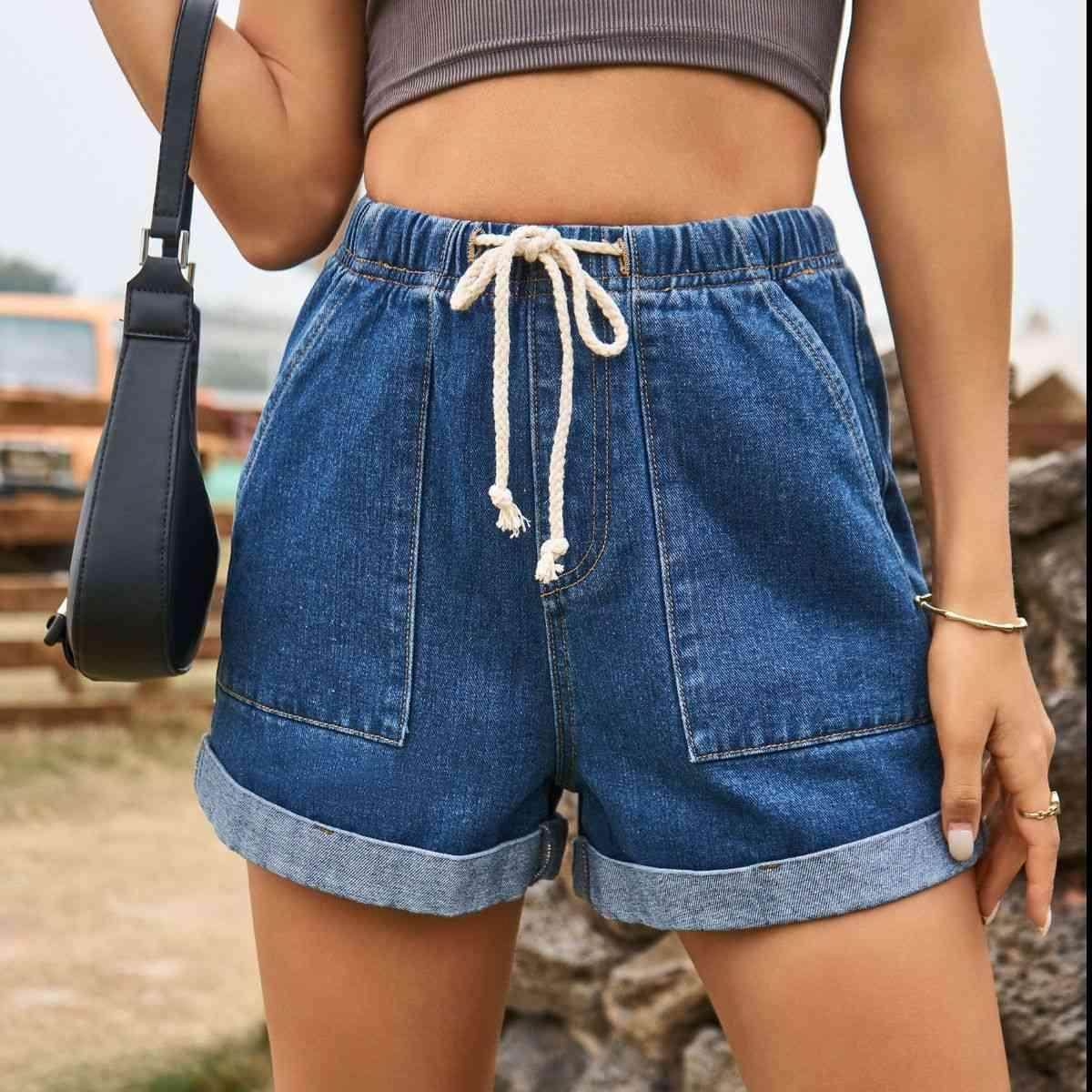 Drawstring High Waist Denim Shorts with Pockets for Women - Selvanelle