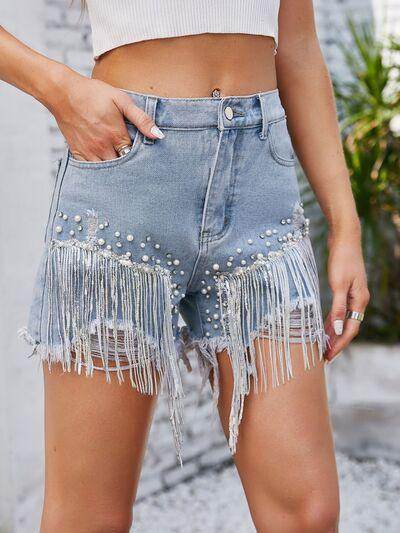 Distressed Pearl Trim Denim Shorts with Pockets for Women - Selvanelle