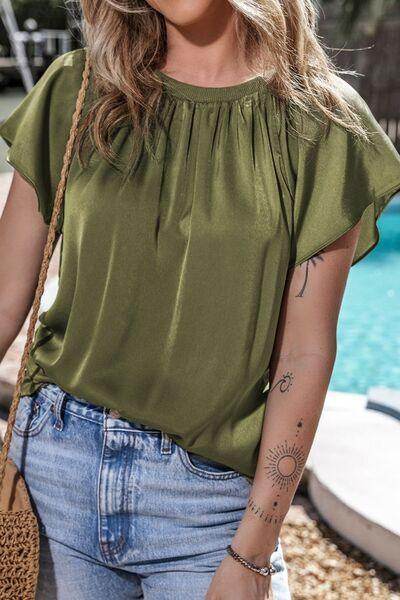 Pleated Flutter Sleeve Satin Top for Effortless Style - Selvanelle