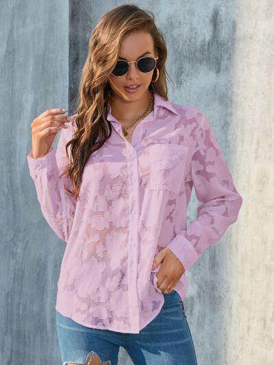 Full Size Collared Neck Long Sleeve Shirt Plus Size Women - Selvanelle