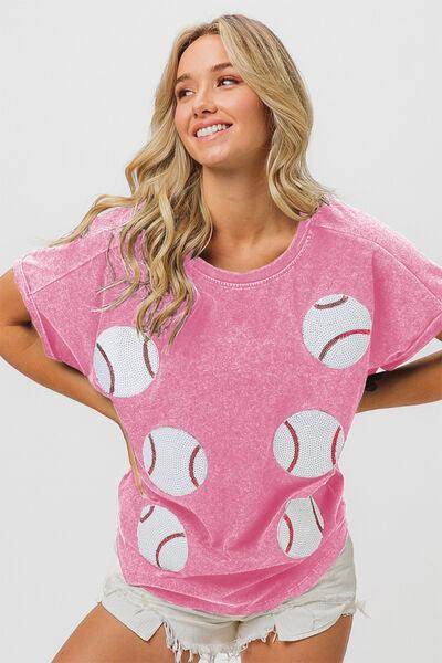 BiBi Sequin Baseball Short Sleeve T-Shirt for Women - Selvanelle