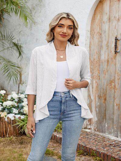 Eyelet Open Front Three-Quarter Sleeve Top for Women - Selvanelle