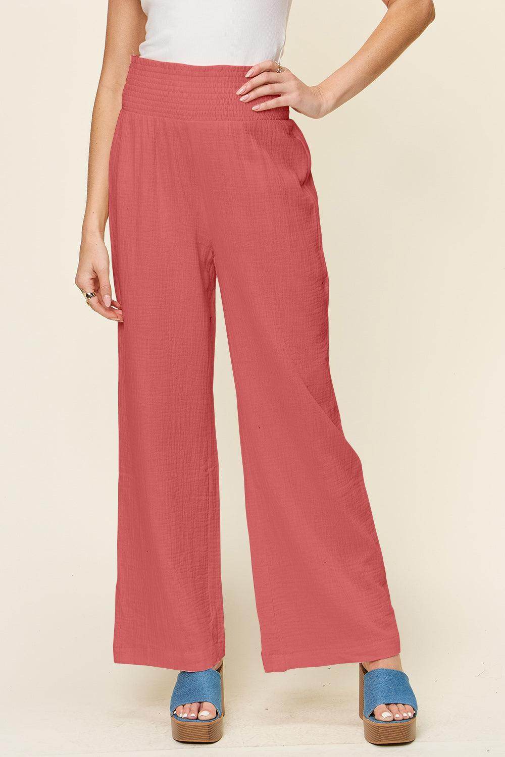 Double Take Full Size Texture Smocked Waist Wide Leg Pants For Women - Selvanelle