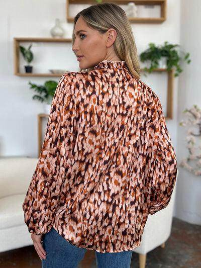 Double Take Full Size Printed Ruffle Trim Balloon Sleeve Shirt - Selvanelle