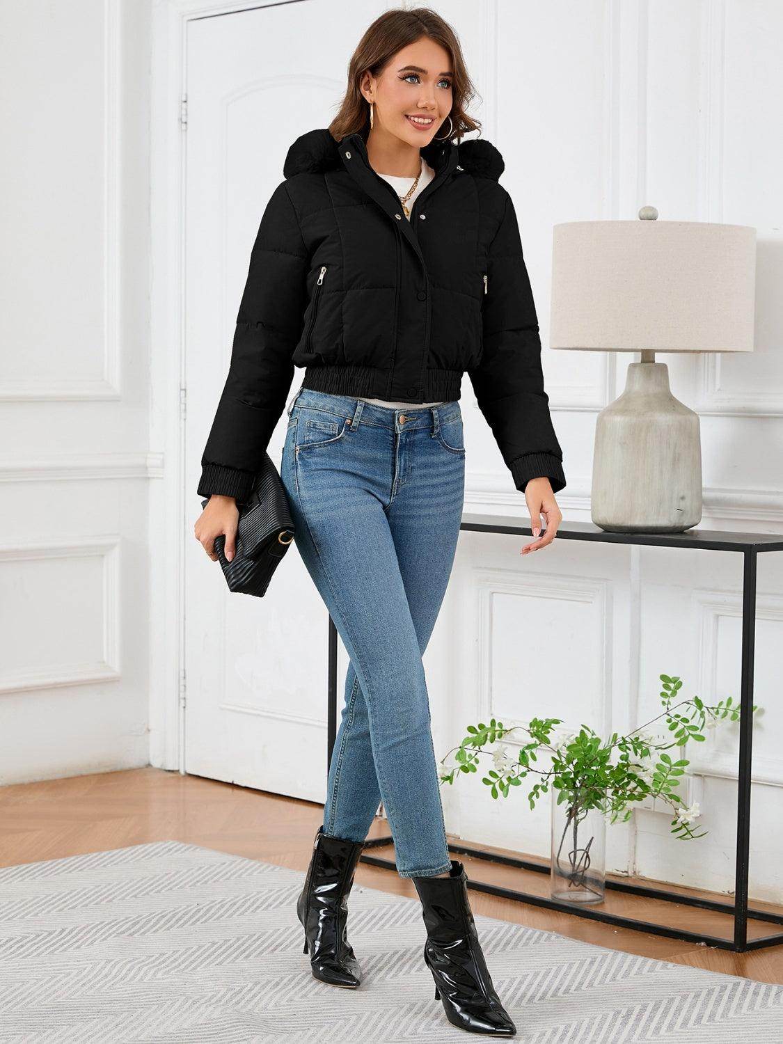 Pocketed Long Sleeve Cropped Hooded Winter Coat for Women - Selvanelle