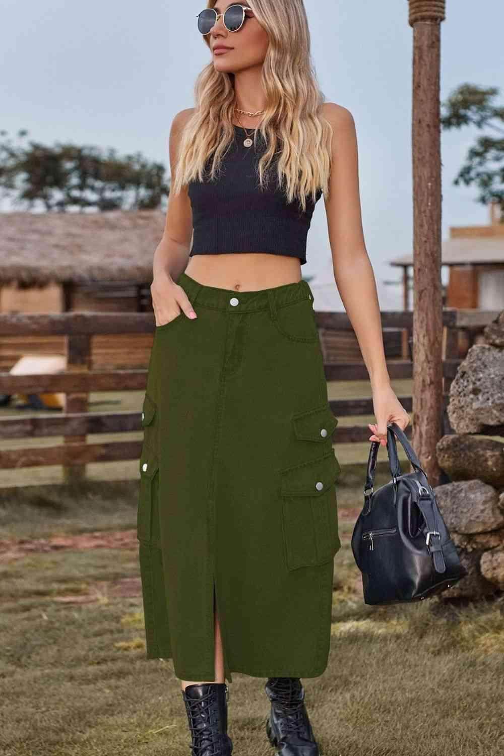 Slit Front Midi Denim Skirt with Pockets for Women - Selvanelle
