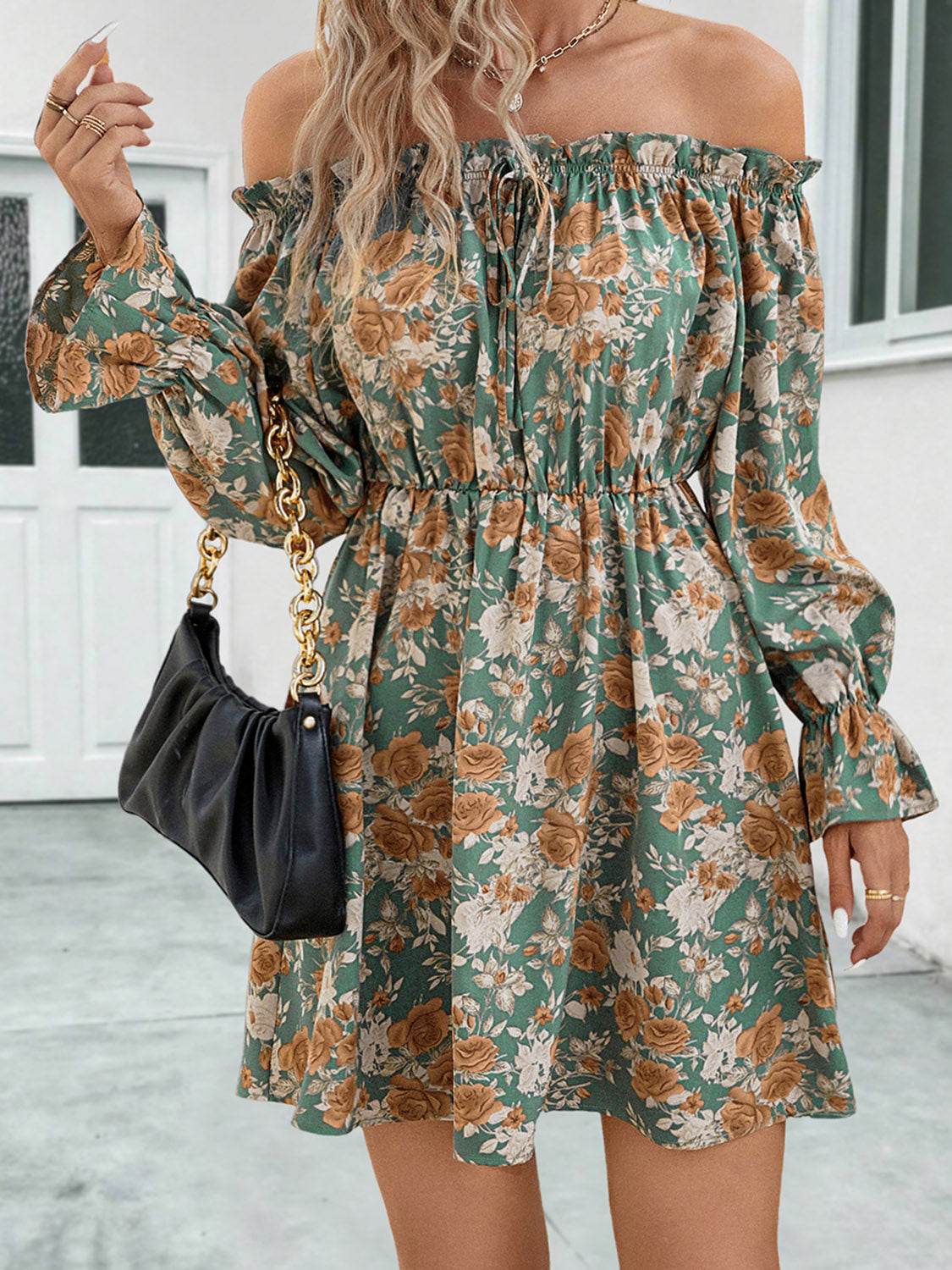 Floral Off-Shoulder Flounce Sleeve Dress - Selvanelle