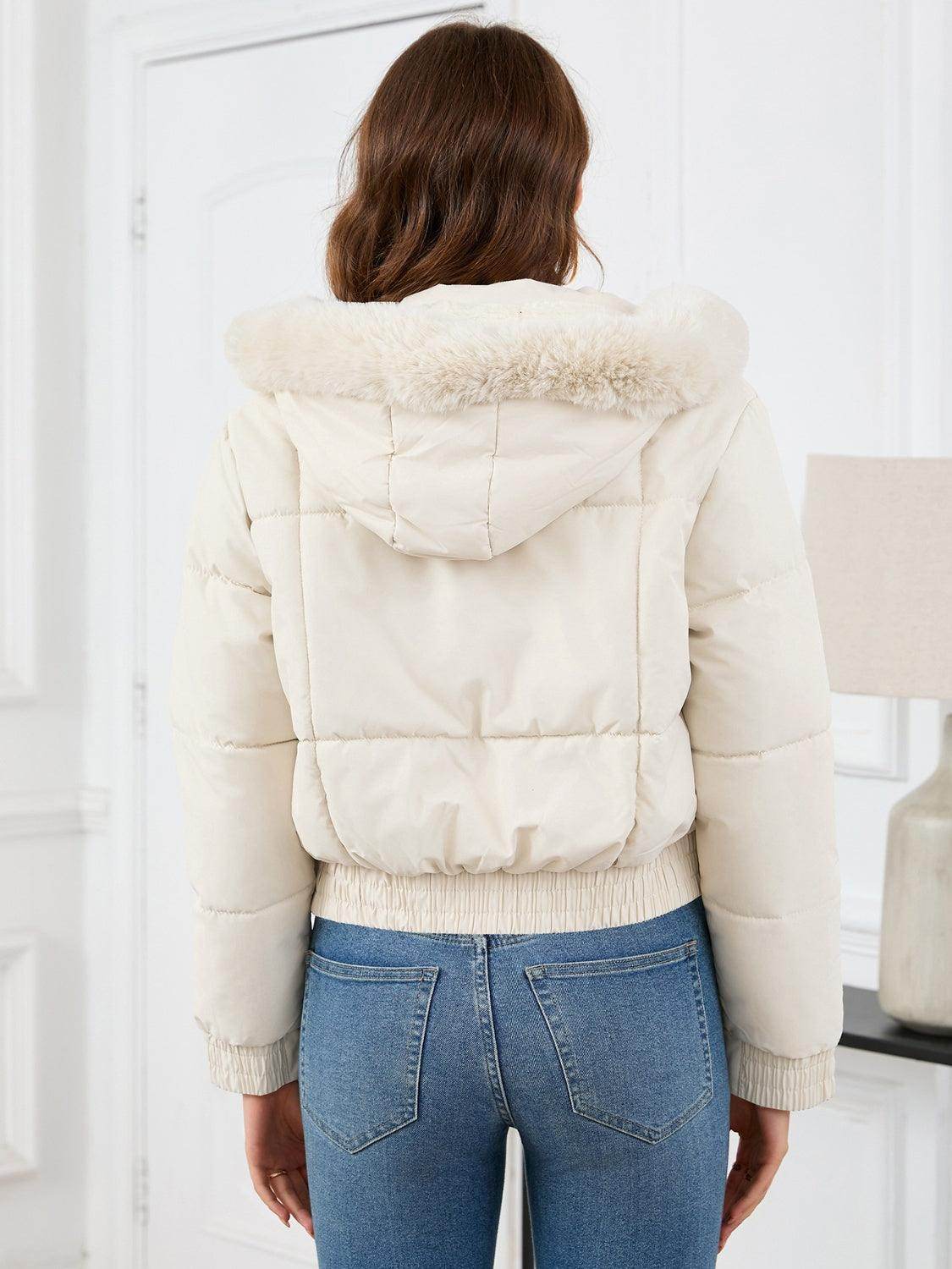 Pocketed Long Sleeve Cropped Hooded Winter Coat for Women - Selvanelle