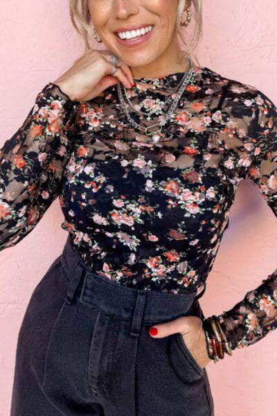 Floral Round Neck Long Sleeve Blouse for Women Fashion - Selvanelle