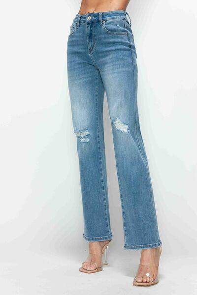 Bytos Full Size Distressed High Rise Straight Jeans For Women - Selvanelle