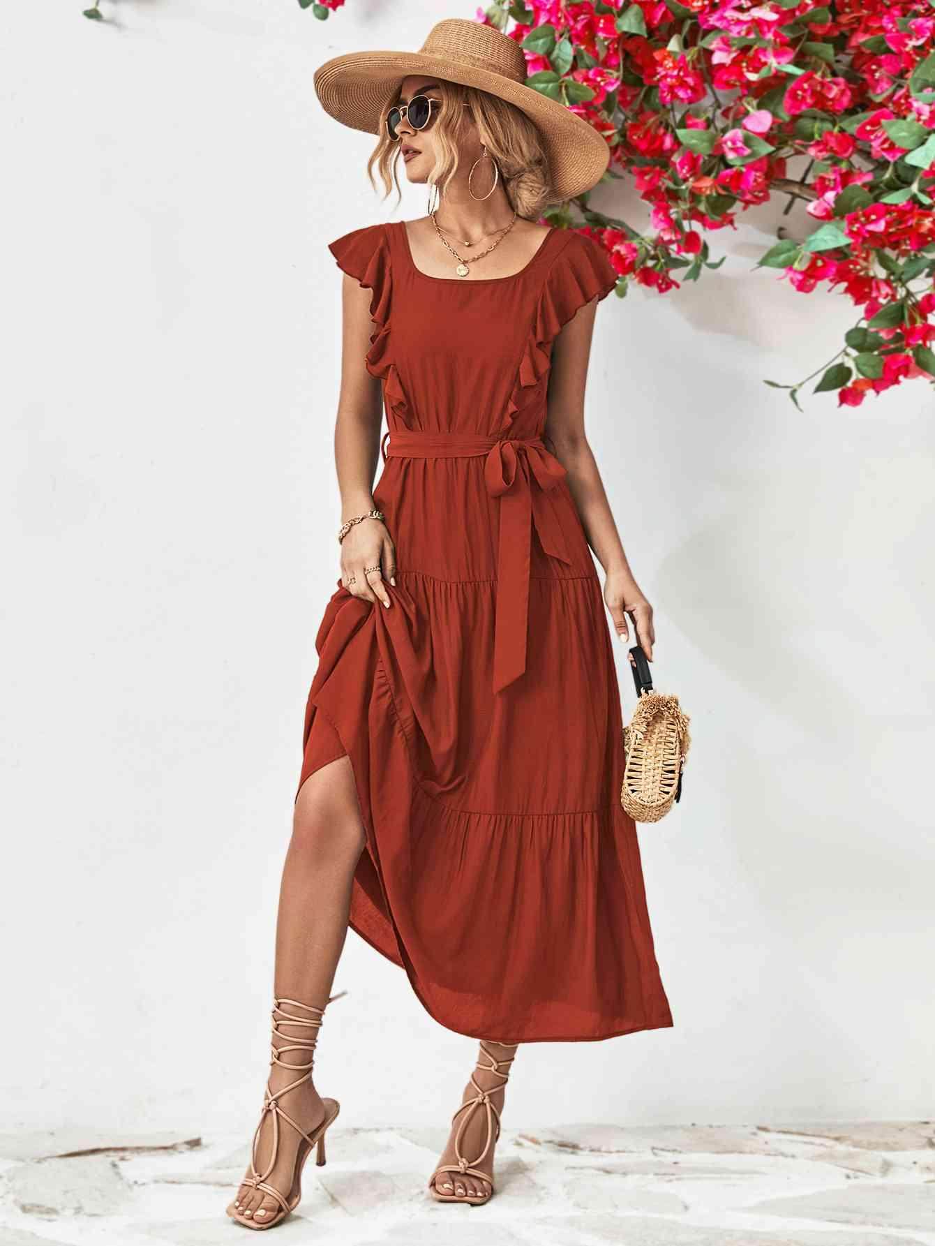 Tie Belt Ruffled Tiered Dress for Chic Midi Style - Selvanelle