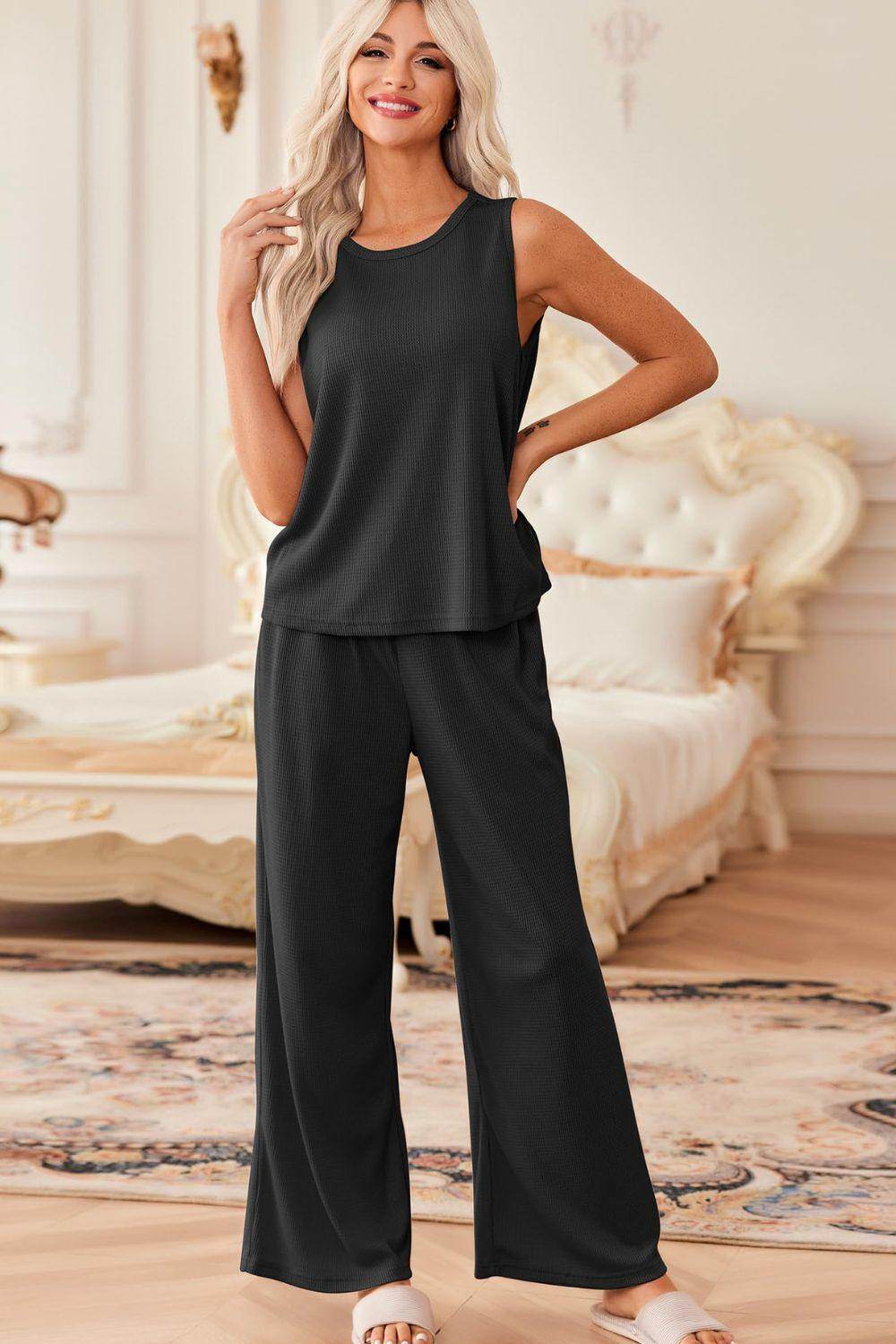 Waffle-Knit Round Neck Tank and Pants Set for Women - Selvanelle