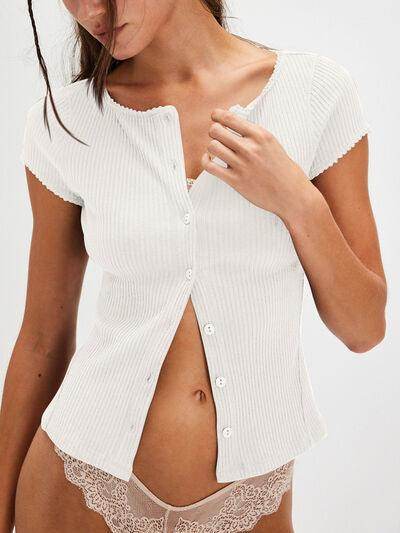 Lovelet Round Neck Button Up Short Sleeve Top for Women - Selvanelle