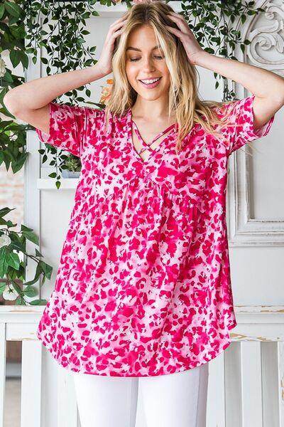 Heimish Full Size Short Sleeve Crisscross Animal Babydoll Top Plus Size - Selvanelle