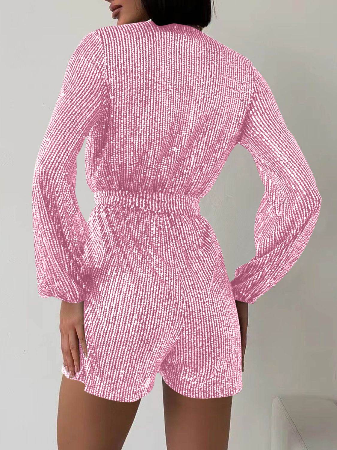 Full Size Sequin Surplice Tie Waist Long Sleeve Romper - Selvanelle