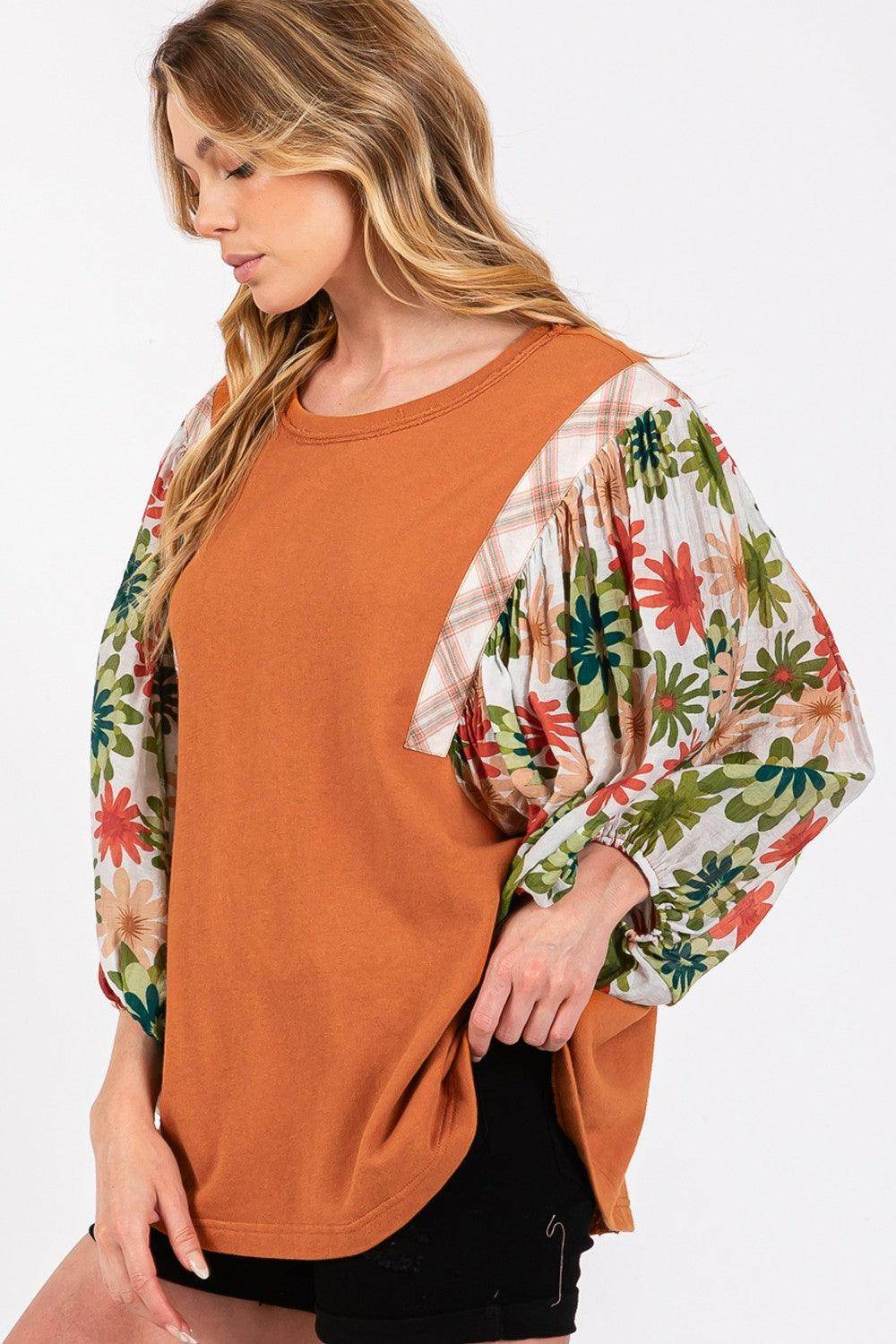 SAGE + FIG Full Size Printed Balloon Sleeve Contrast Top - Selvanelle