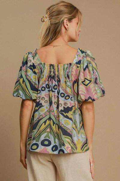 Umgee Full Size Abstract Print Smocked Puff Sleeve Blouse - Selvanelle