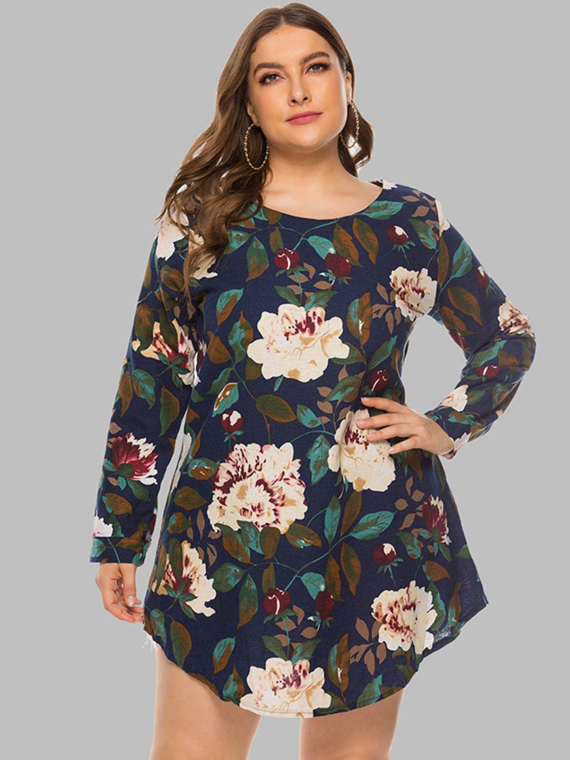 Full Size Floral Long Sleeve Mini Dress for Casual Wear - Selvanelle