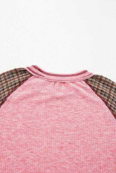Plaid Floral Patchwork Round Neck Long Sleeve Top for Women - Selvanelle